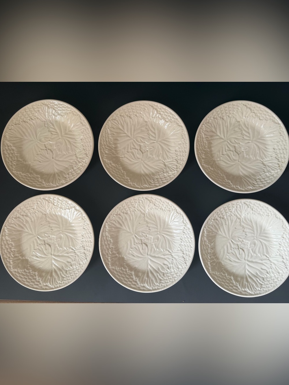 GIEN France Salad Plates Set 6 White Ceramic Majolica Grape Leafs  7 7/8”